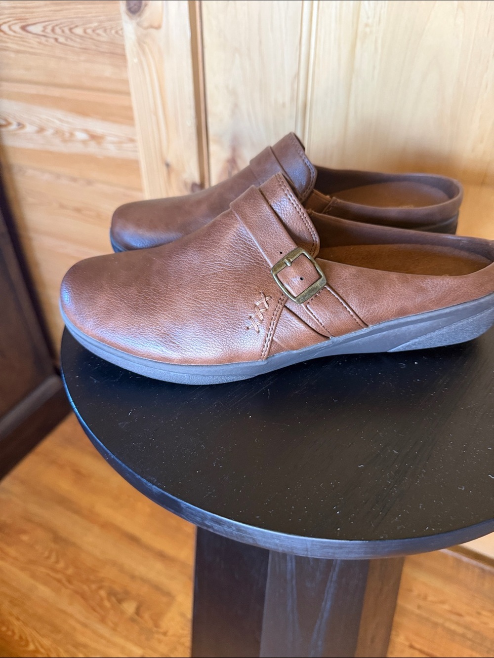 BareTraps Women’s Brown Leather Slip-On Mule with Buckle